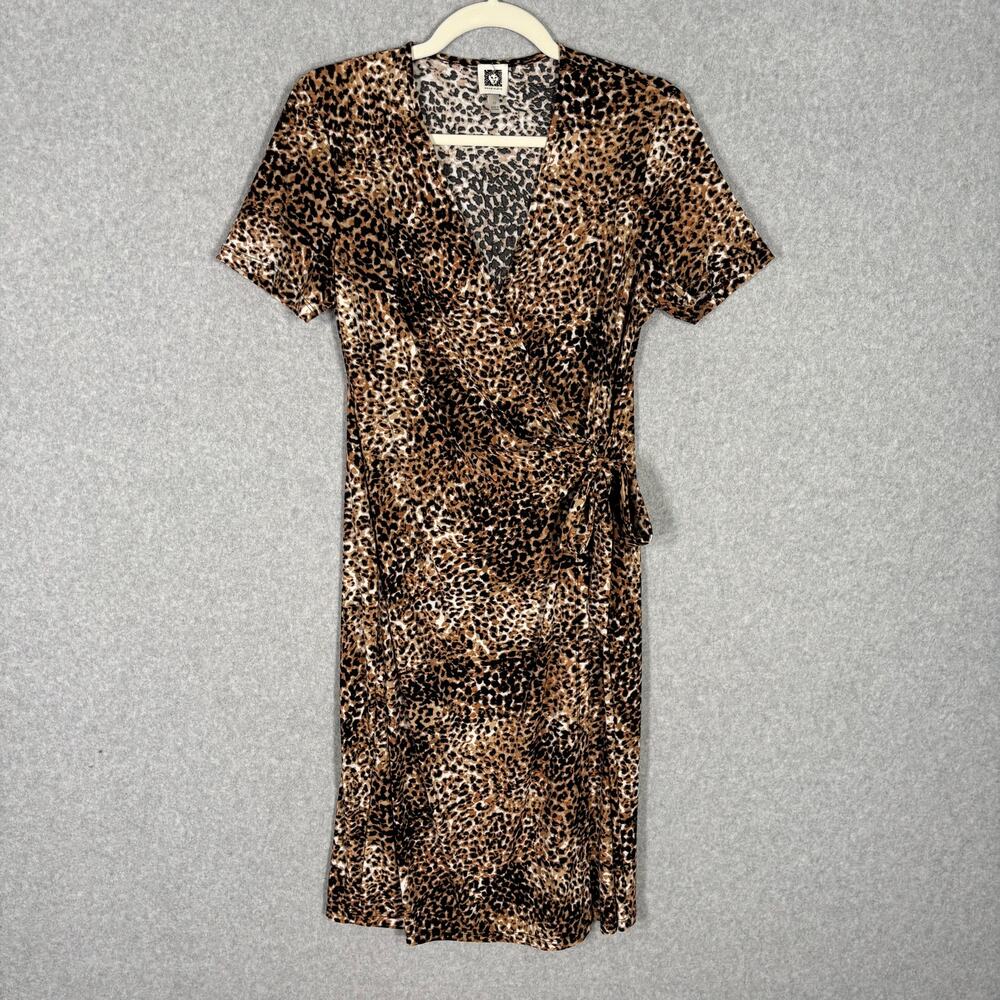Anne Klein Dress 10 Wrap Leopard Slinky Knit Stretch Waist Tie Career Church‎